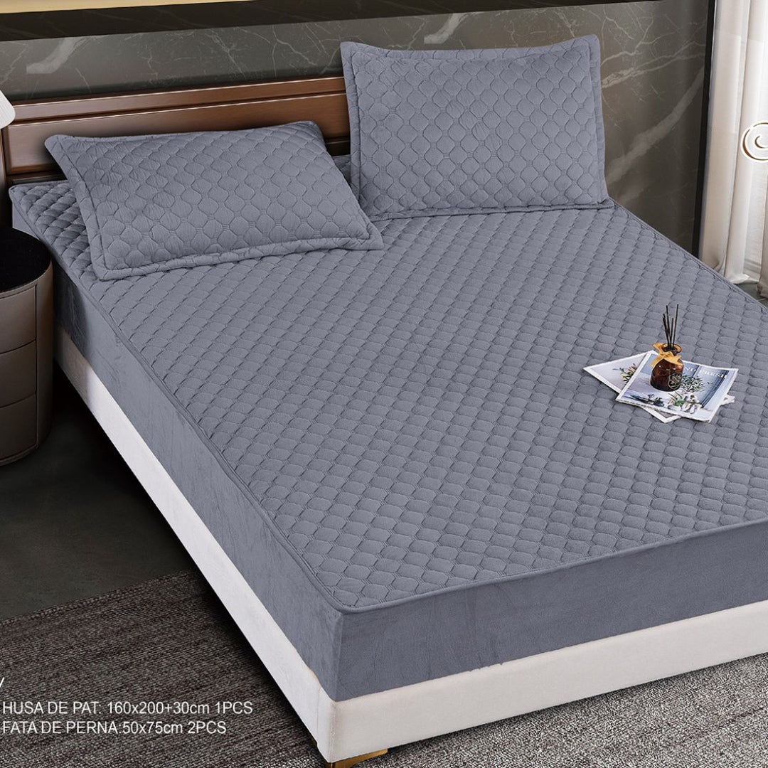 Hus? Matlasat? Tip Topper din Catifea 160x200cm, cu 2 Fe?e de Pern? 50x70cm - Somn Odihnitor ?i Sus?inere pentru Spate, Gri mediu