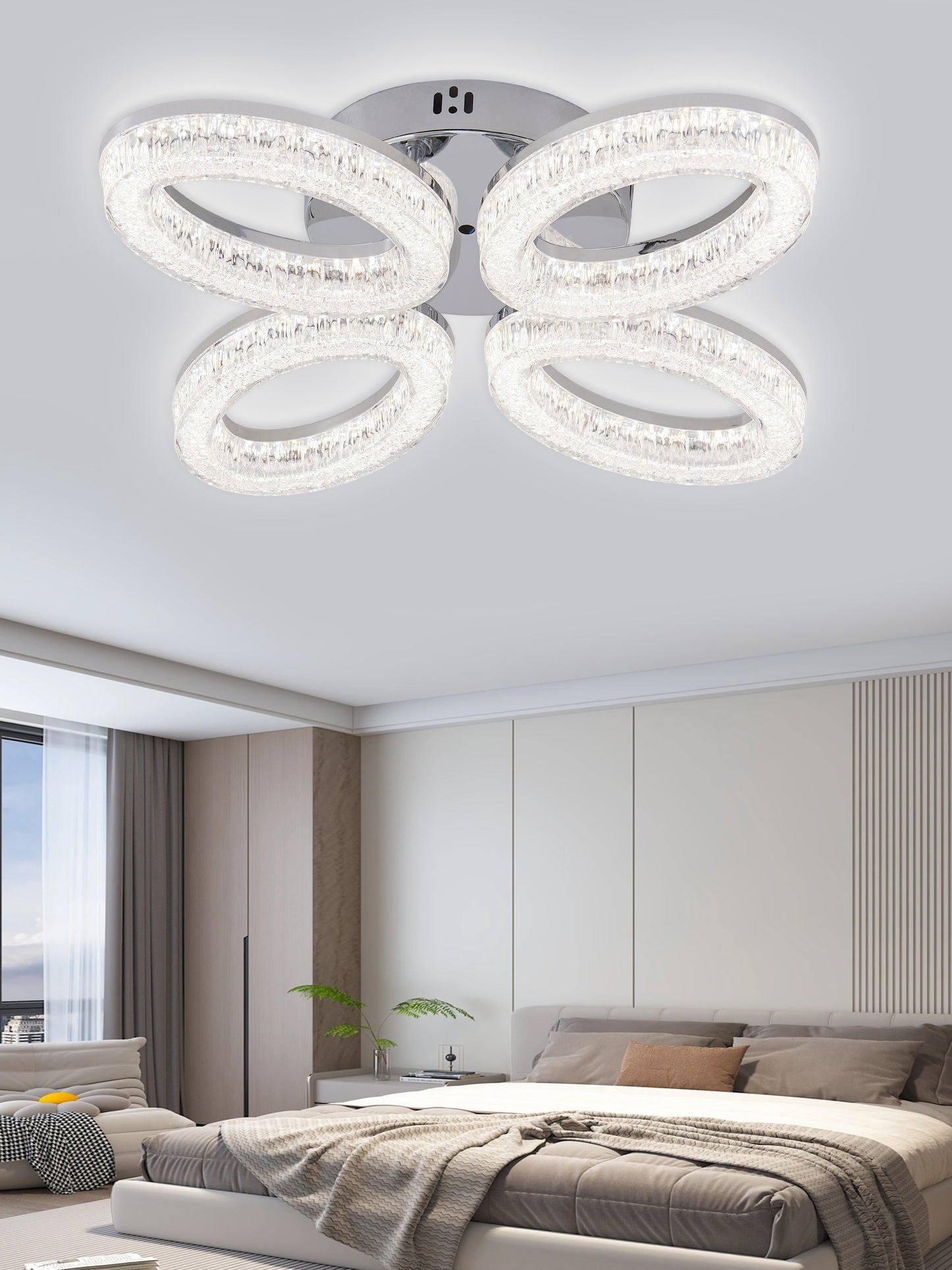 Lustra LED RFAN, Model K3538/4CH, Cu Telecomanda, 3 Tipuri De Lumina, Intensitate Reglabila, 80W, Argintiu