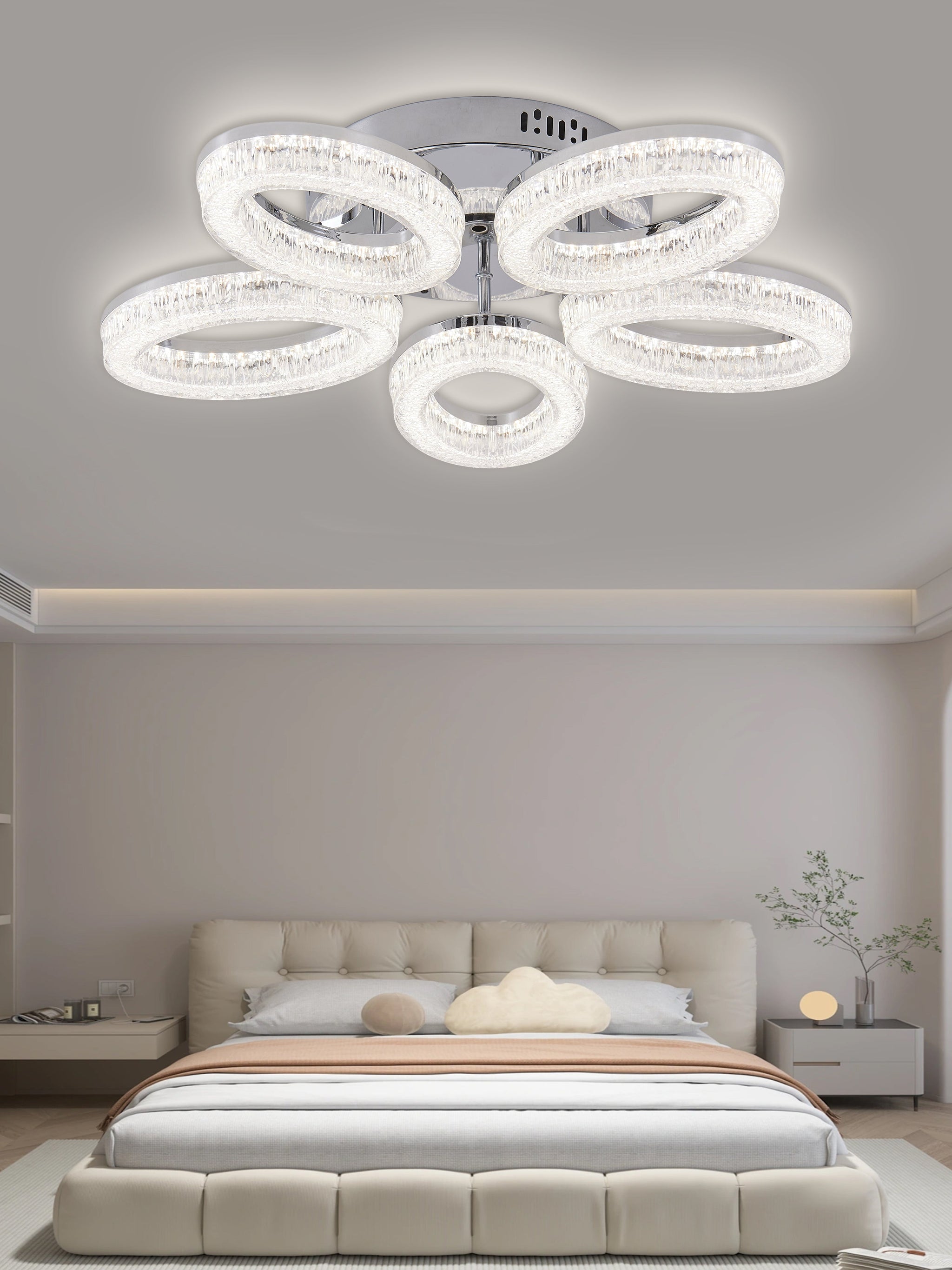 Lustra LED RFAN, Model K3538/5CH, Cu Telecomanda, 3 Tipuri De Lumina, Intensitate Reglabila, 120W, Argintiu