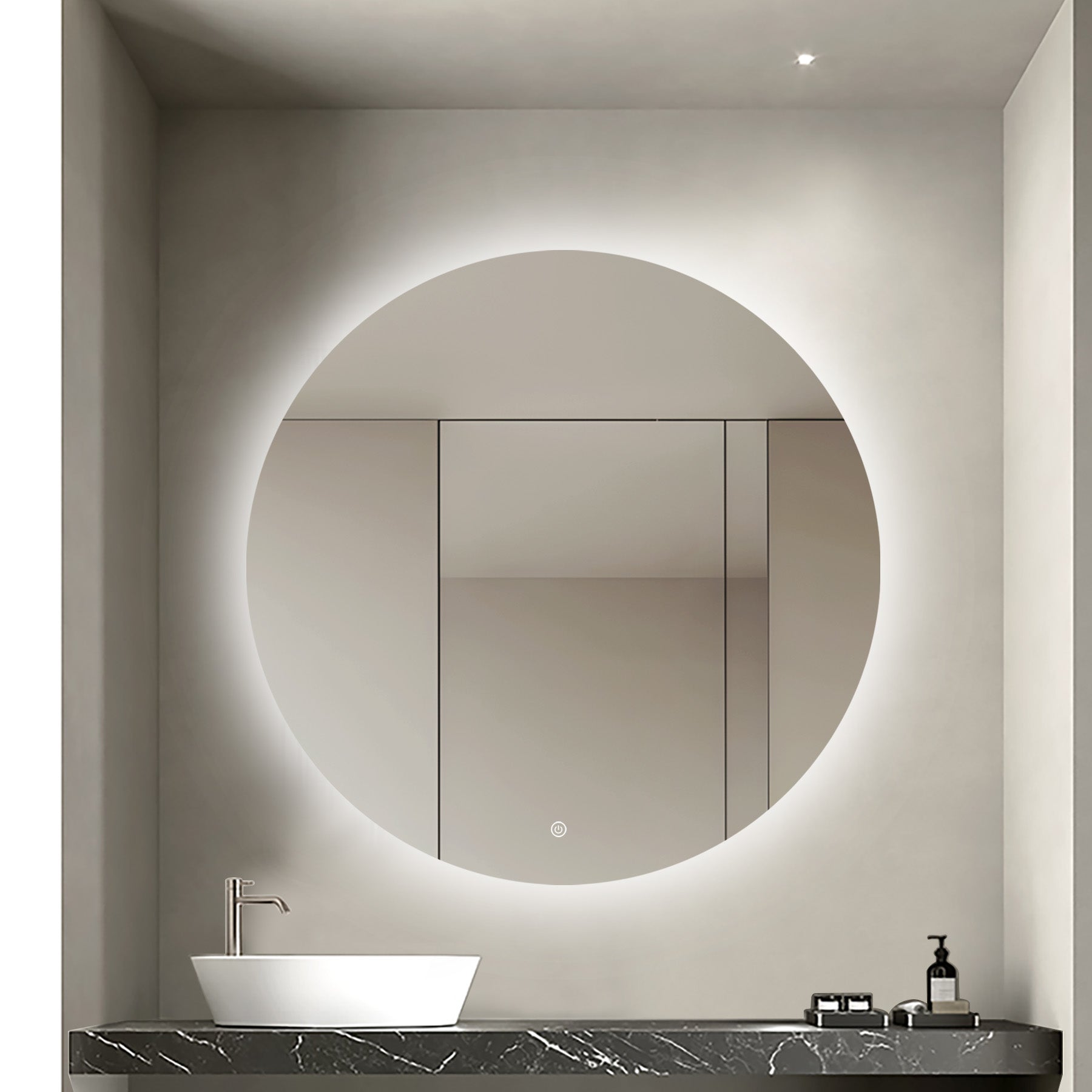 Oglinda LED Rotunda Premium 70×70 cm, Lumina Spate, 3 Tipuri de Lumina – Calda, Rece, Neutra