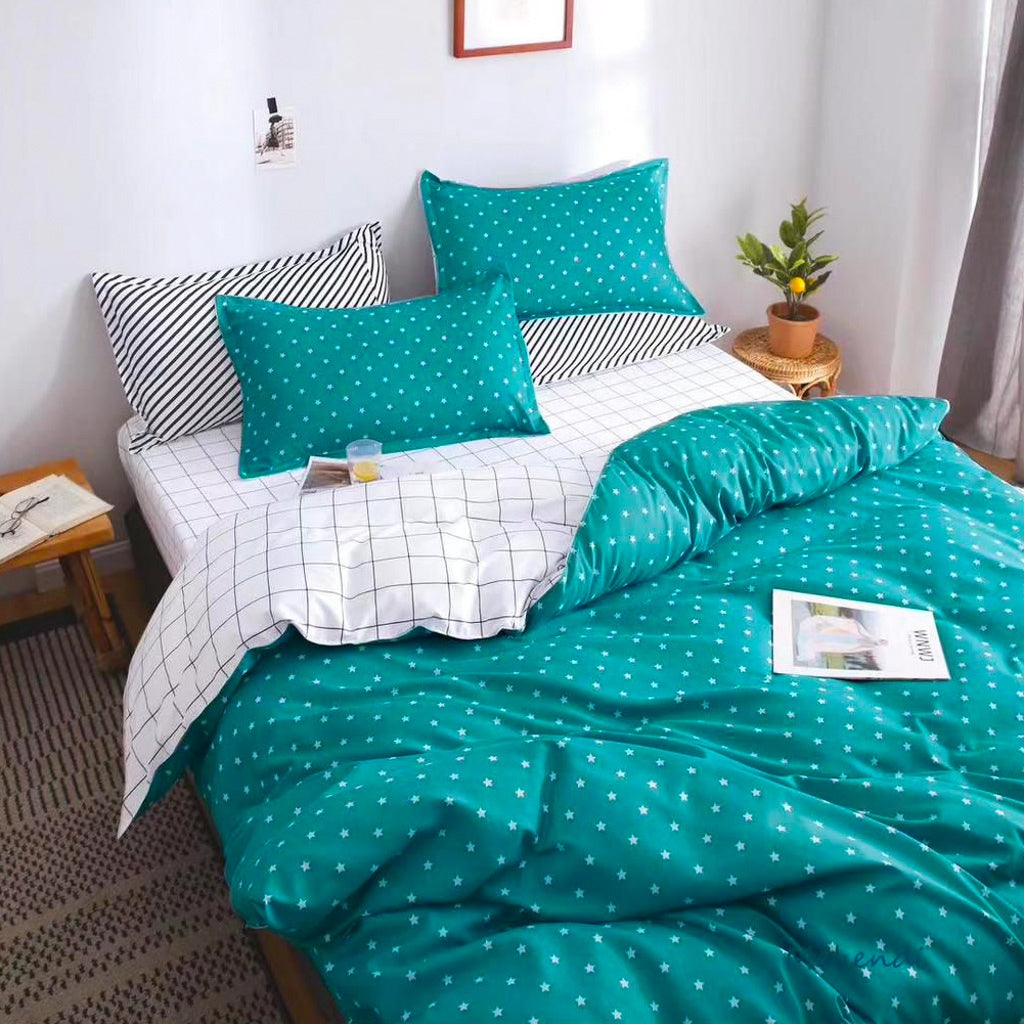 Lenjerie pat dublu cu Elastic, bumbac satinat, Turquoise, stelute SPR-E-01