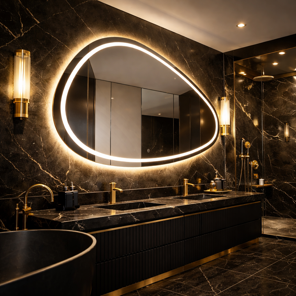Oglinda LED Asimetrica Premium 160×85 cm, Touch, 3 Tipuri Lumina – Calda, Rece, Naturala
