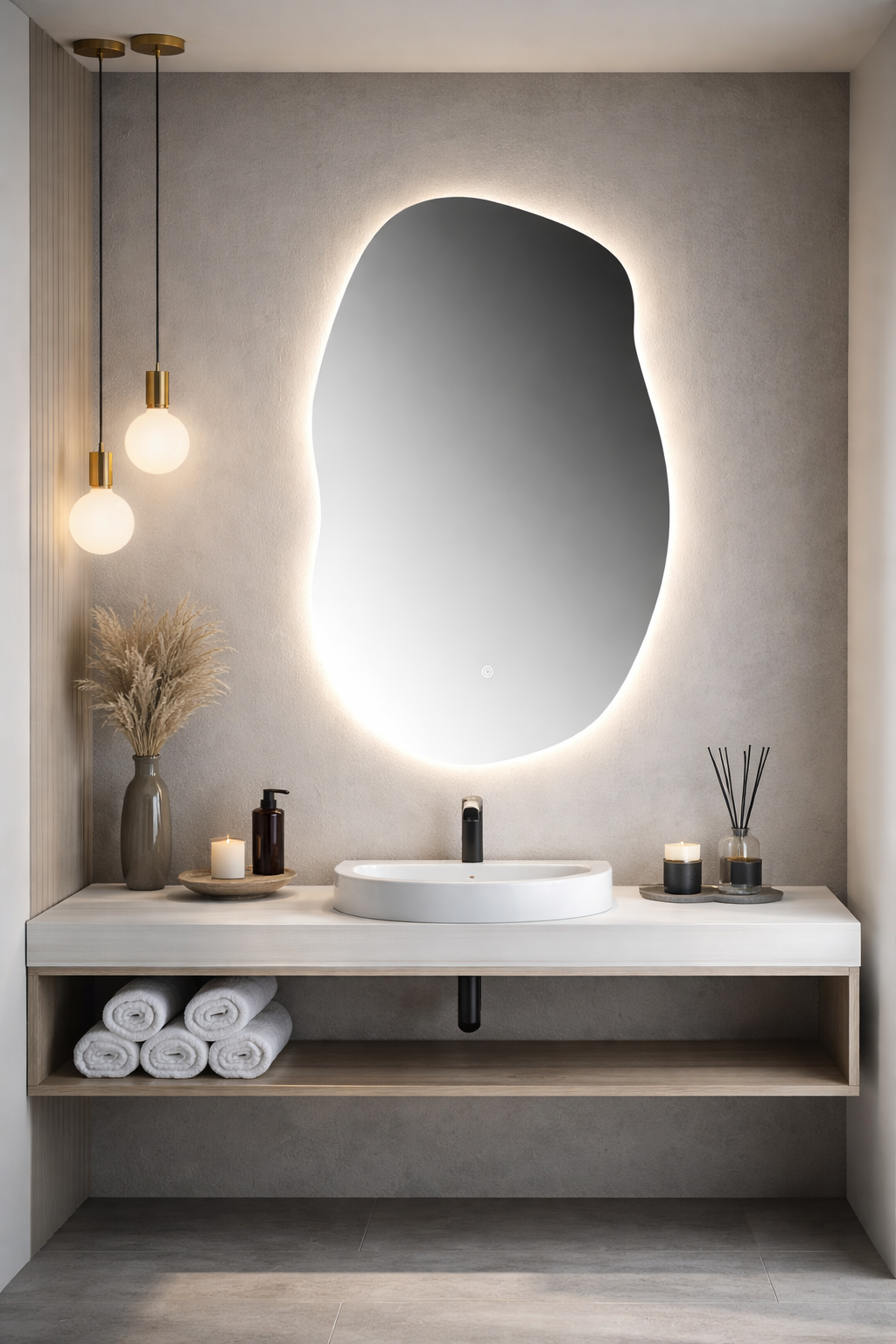 Oglinda LED Asimetrica Premium 60×90 cm, Touch, 3 Tipuri Lumina – Calda, Rece, Naturala