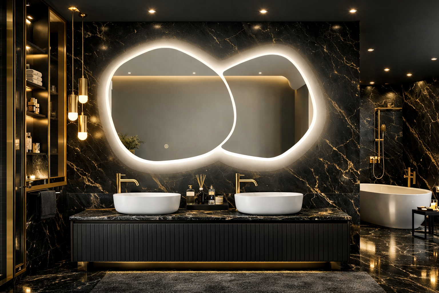 Oglinda LED Dubla, Asimetrica Premium 140×80 cm, Touch, 3 Tipuri Lumina – Calda, Rece, Naturala