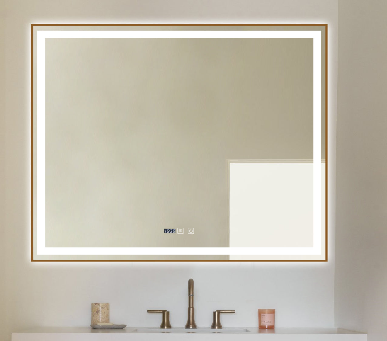 Oglinda LED Si Touch, Cu Functie Dezaburire Si Ceas, Rama Aurie, 100 x 80 cm, Smack