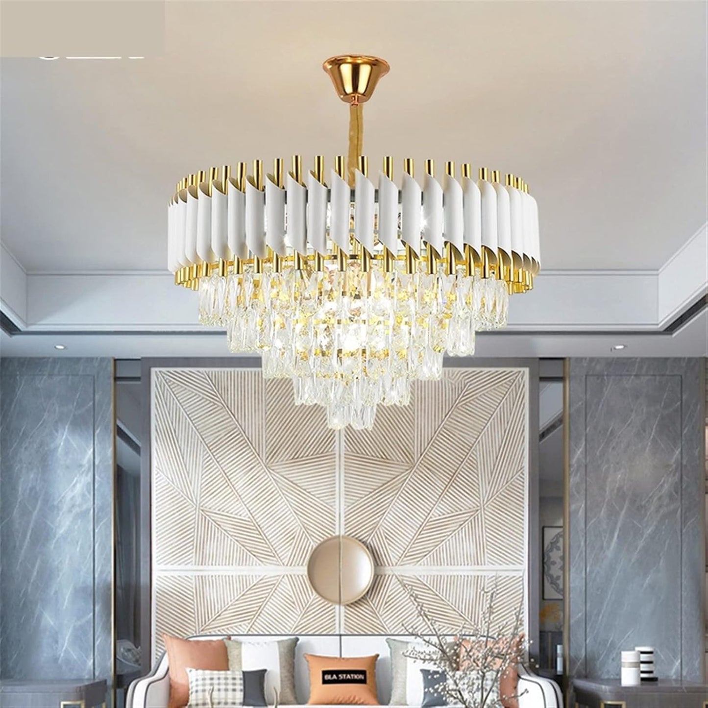 Candelabru RFAN, Model S89001/500, Textura Cristal, Metal, 8 x E27, Alb/Auriu