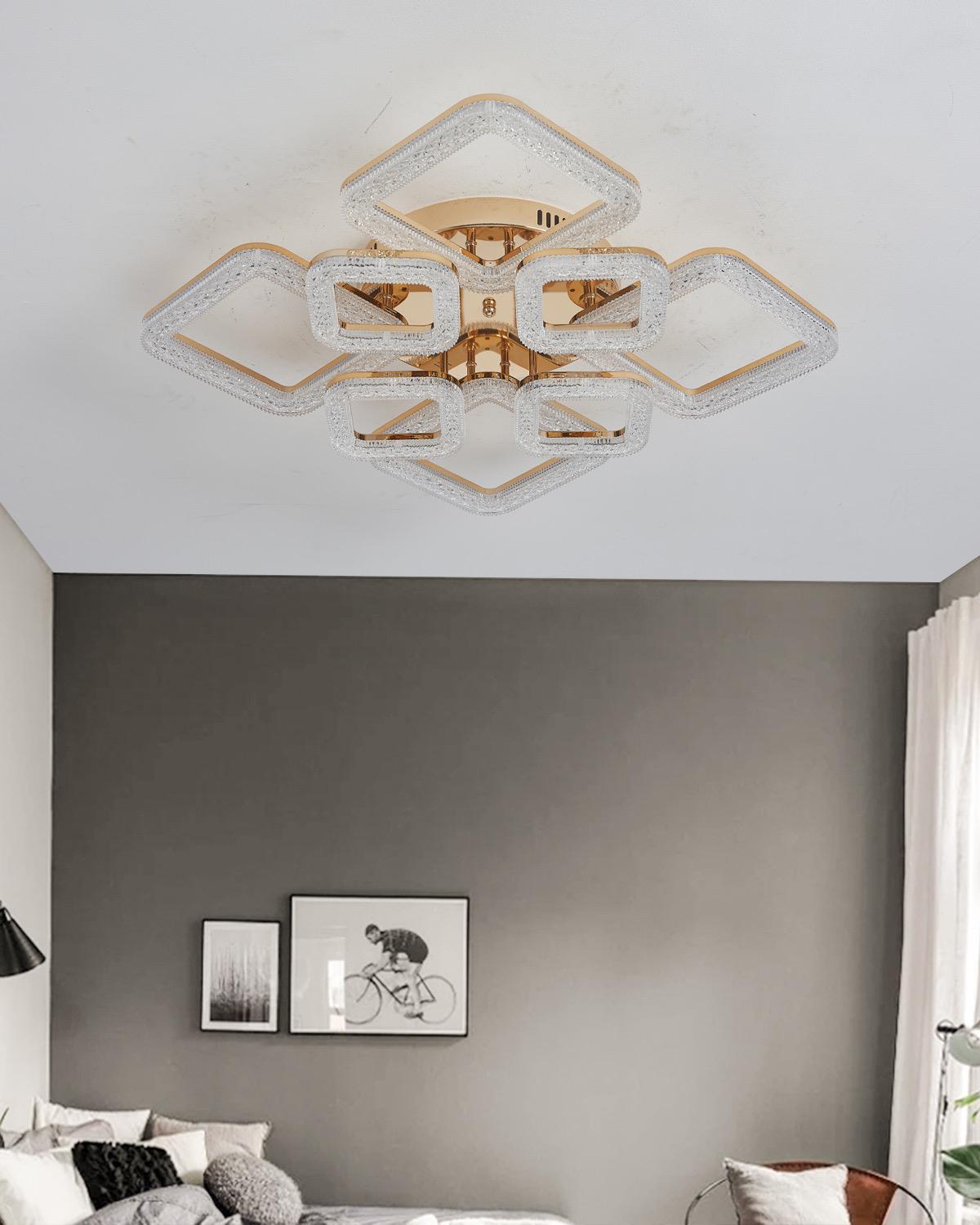 Lustra LED RFAN, Model J230/4+4, Cu Telecomanda, 3 Tipuri De Lumina, Intensitate Reglabila, 192W, Auriu