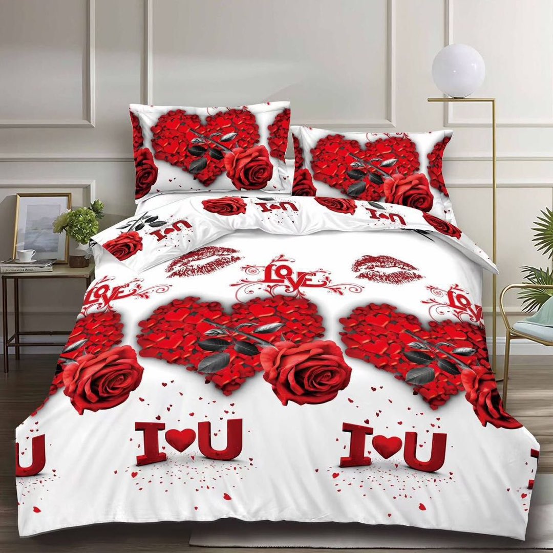 Lenjerie pat dublu, cearsaf clasic, imprimeu 3D, Rosu, trandafiri, inimioare