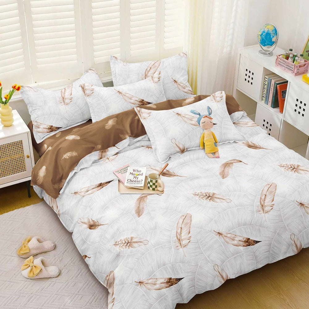 Lenjerie pat dublu, bumbac satinat, cearsaf clasic, 4 piese,  Maro, pene