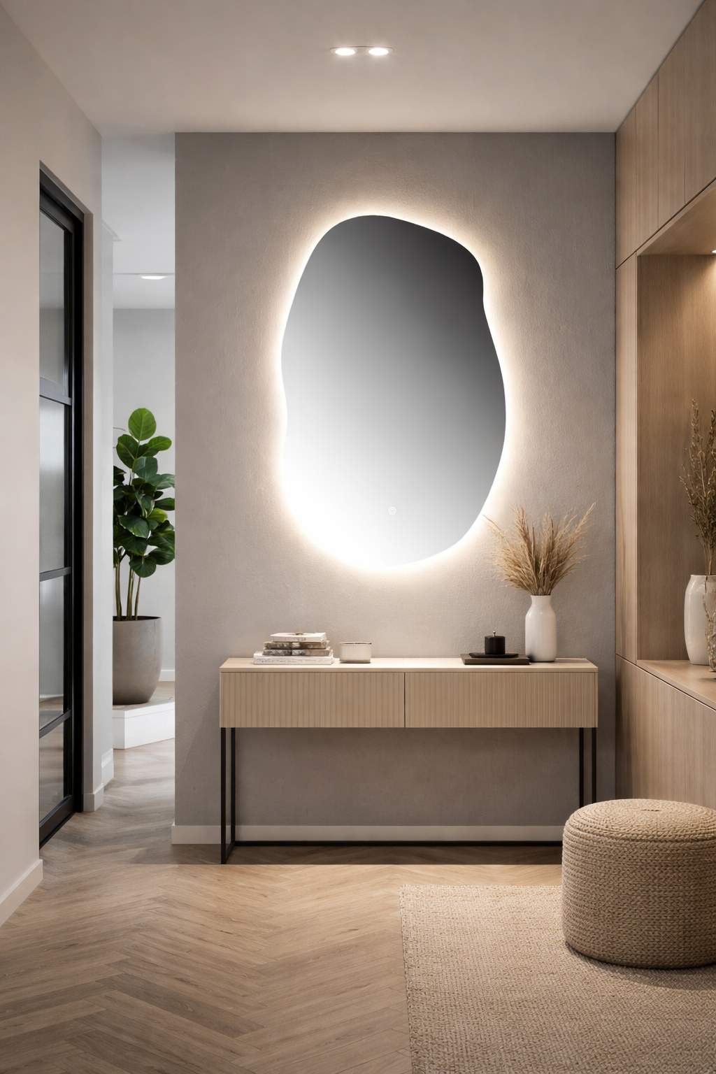 Oglinda LED Asimetrica Premium 60×90 cm, Touch, 3 Tipuri Lumina – Calda, Rece, Naturala