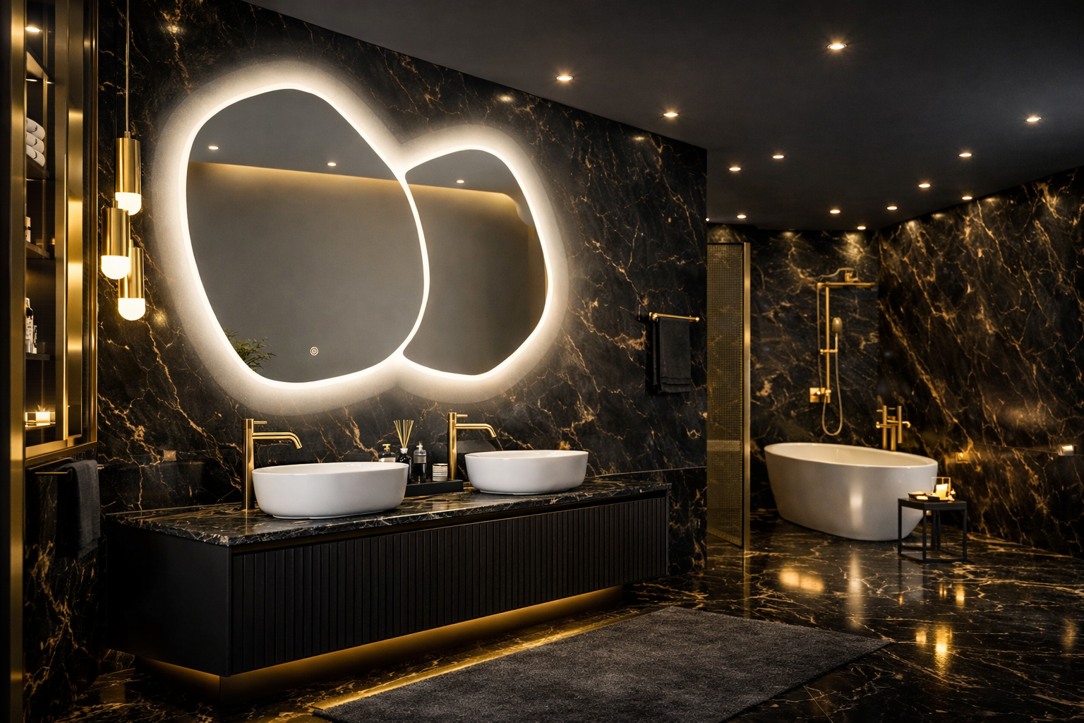 Oglinda LED Dubla, Asimetrica Premium 140×80 cm, Touch, 3 Tipuri Lumina – Calda, Rece, Naturala