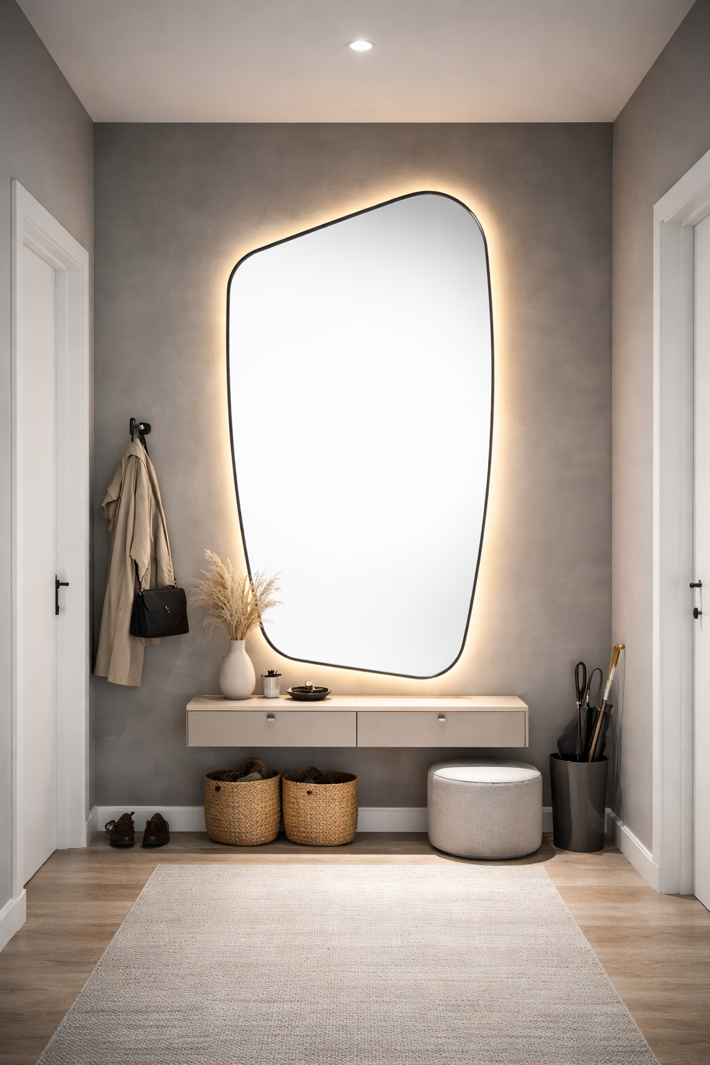 Oglinda LED pentru Dressing, Hol, Baie, Asimetrica Premium 70×110 cm, cu Rama Neagra, Touch, 3 Tipuri Lumina – Calda, Rece, Naturala