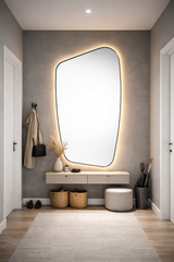 Oglinda LED pentru Dressing, Hol, Baie, Asimetrica Premium 70×110 cm, cu Rama Neagra, Touch, 3 Tipuri Lumina – Calda, Rece, Naturala