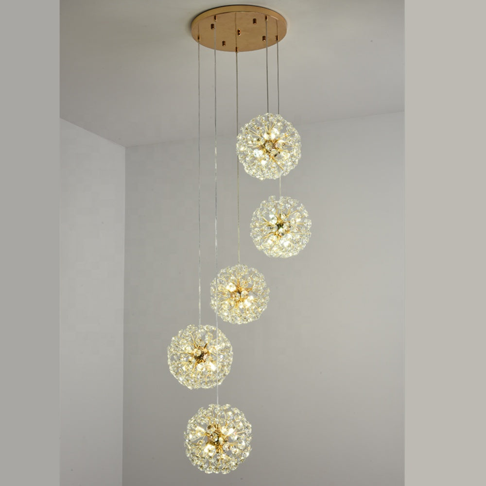 Lustra LED Tip Pendul RFAN, Model 21-5, Textura Cristal, Metal, 30 X G9, Auriu