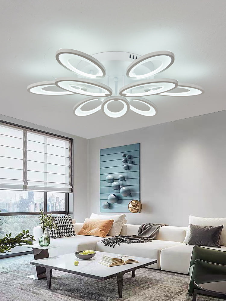Lustra LED RFAN, Model M003/6+3, cu Telecomanda, 3 Tipuri de Lumina, Intensitate Reglabila, 132W, Alb