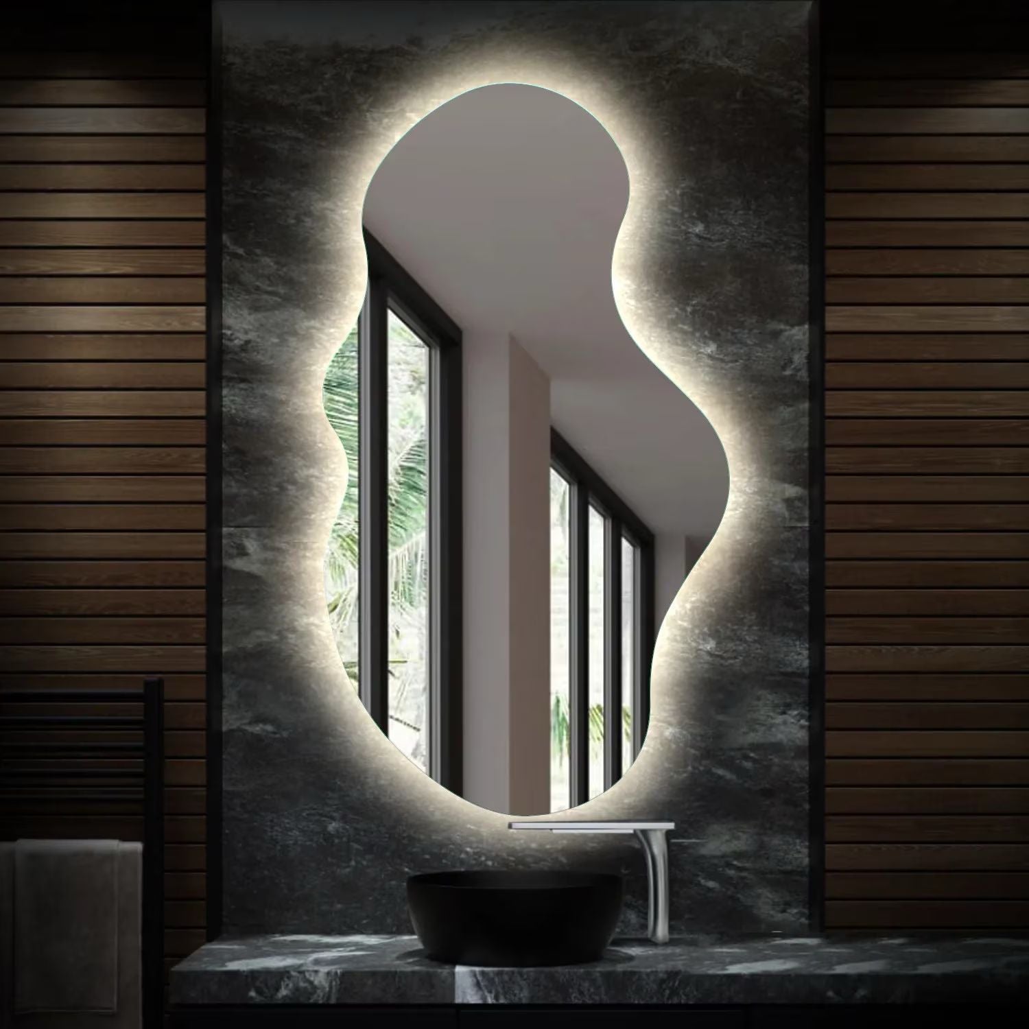 Oglinda LED Asimetrica Premium 65×100 cm, Touch, 3 Tipuri Lumina – Calda, Rece, Naturala