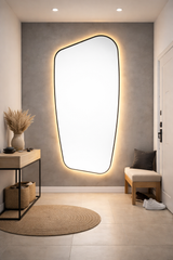 Oglinda LED pentru Dressing, Hol, Baie, Asimetrica Premium 70×110 cm, cu Rama Neagra, Touch, 3 Tipuri Lumina – Calda, Rece, Naturala