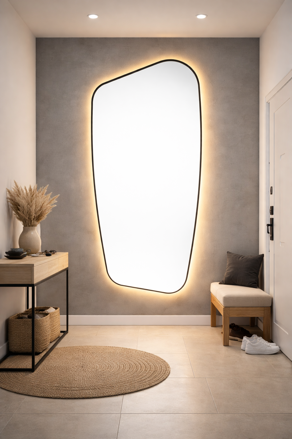 Oglinda LED pentru Dressing, Hol, Baie, Asimetrica Premium 70×110 cm, cu Rama Neagra, Touch, 3 Tipuri Lumina – Calda, Rece, Naturala