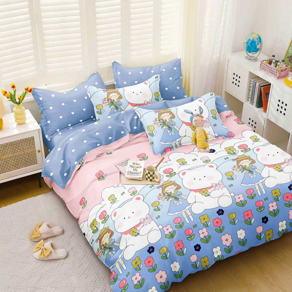 Lenjerie pat dublu, bumbac satinat, cearsaf clasic, 4 piese,  Roz, Bleu, ursuleti