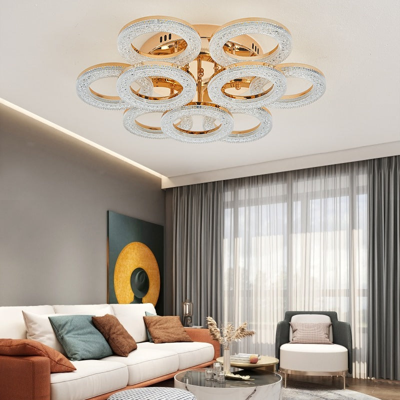 Lustra LED RFAN, Model J300/6+3, Cu Telecomanda, 3 Tipuri De Lumina, Intensitate Reglabila, 180W, Auriu