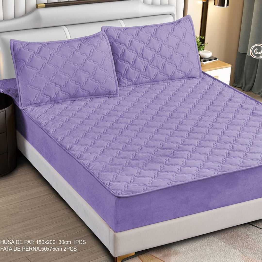 Husa Saltea cu Elastic 180x200cm tip Topper si 2 fete de perna, Mov