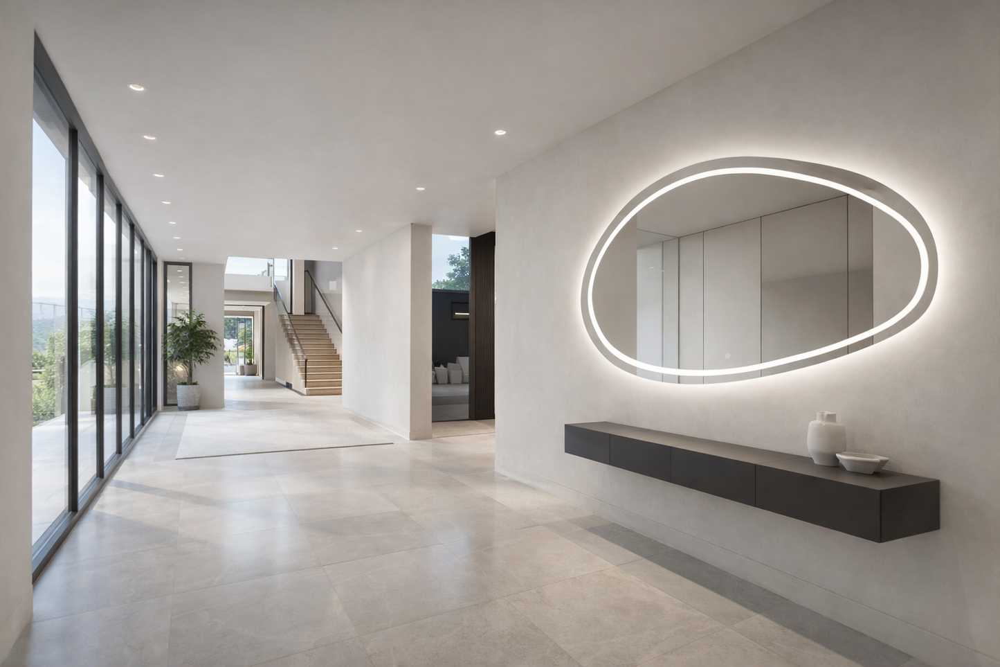 Oglinda LED Asimetrica Premium 160×85 cm, Touch, 3 Tipuri Lumina – Calda, Rece, Naturala