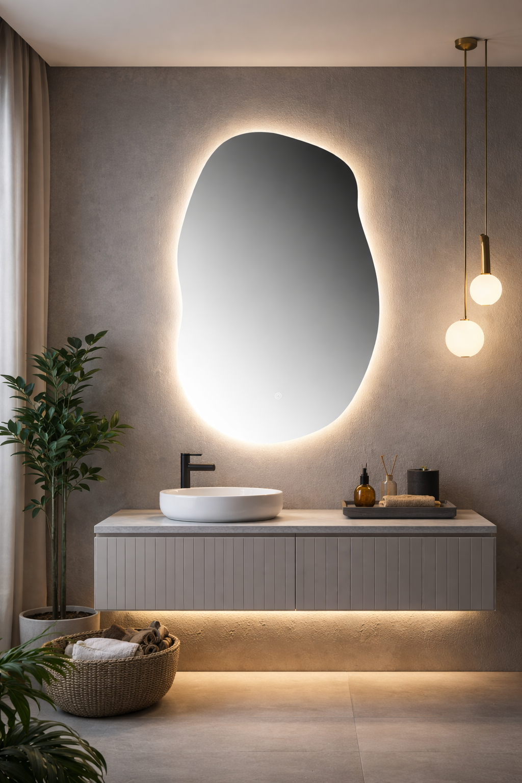 Oglinda LED Asimetrica Premium 60×90 cm, Touch, 3 Tipuri Lumina – Calda, Rece, Naturala