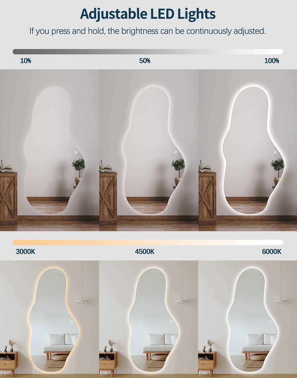 Oglinda LED Asimetrica Premium 65×100 cm, Touch, 3 Tipuri Lumina – Calda, Rece, Naturala