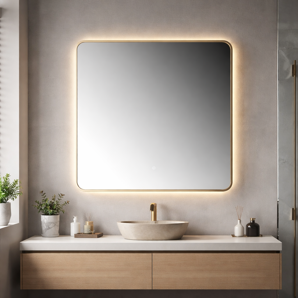 Oglinda LED Patrata Premium 80×80 cm, Rama Auriu, 3 Tipuri de Lumina – Calda, Rece, Neutra