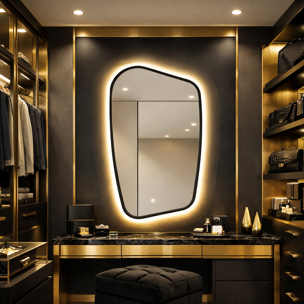 Oglinda LED pentru Dressing, Hol, Baie, Asimetrica Premium 70×110 cm, cu Rama Neagra, Touch, 3 Tipuri Lumina – Calda, Rece, Naturala