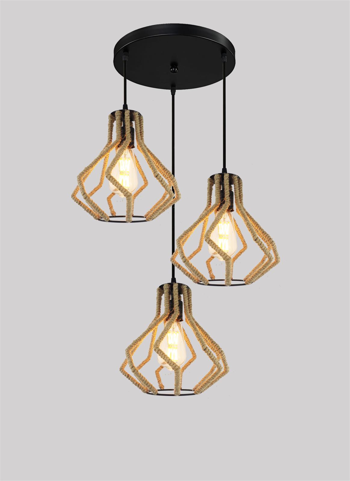 Pendul Rustic RFAN, Model 5687-3, 3 X E27, Inaltime Reglabila, Negru