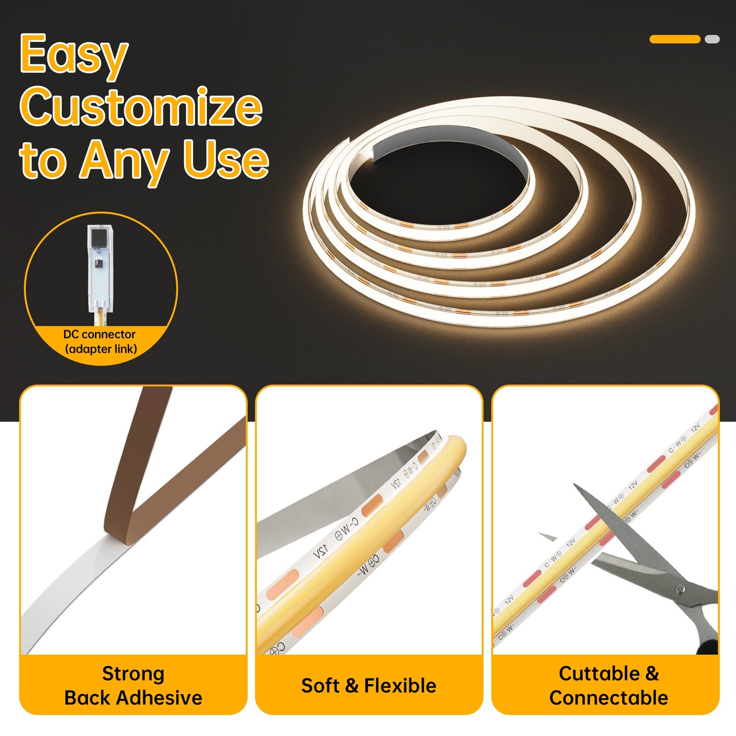 KIT Banda LED COB RFAN, CCT, cu Telecomanda, 3 Tipuri de Lumina, 5m, 15W/m, 24V, Transformator 72W