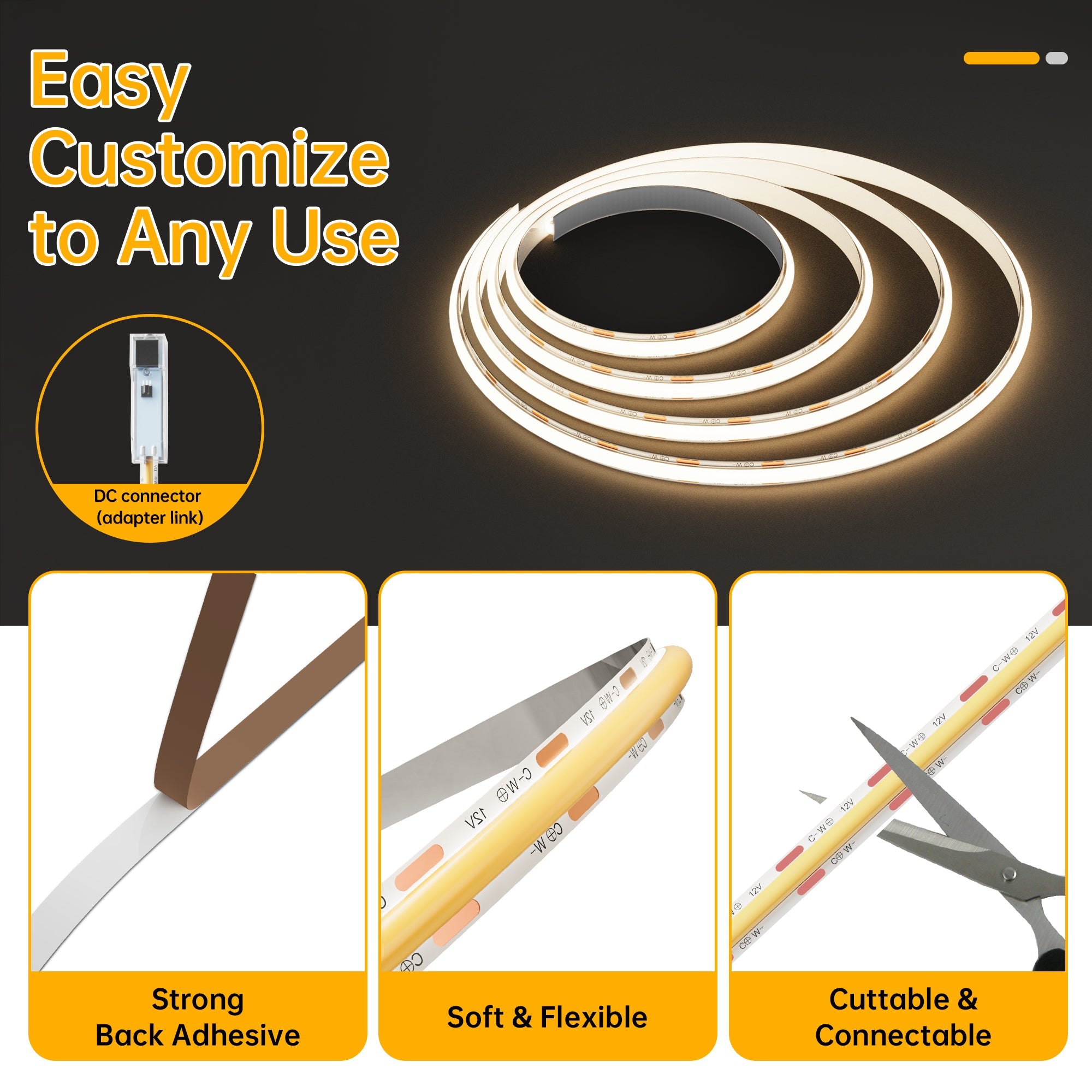 KIT Banda LED COB RFAN, CCT, cu Telecomanda, 3 Tipuri de Lumina, 5m, 15W/m, 24V, Transformator 72W
