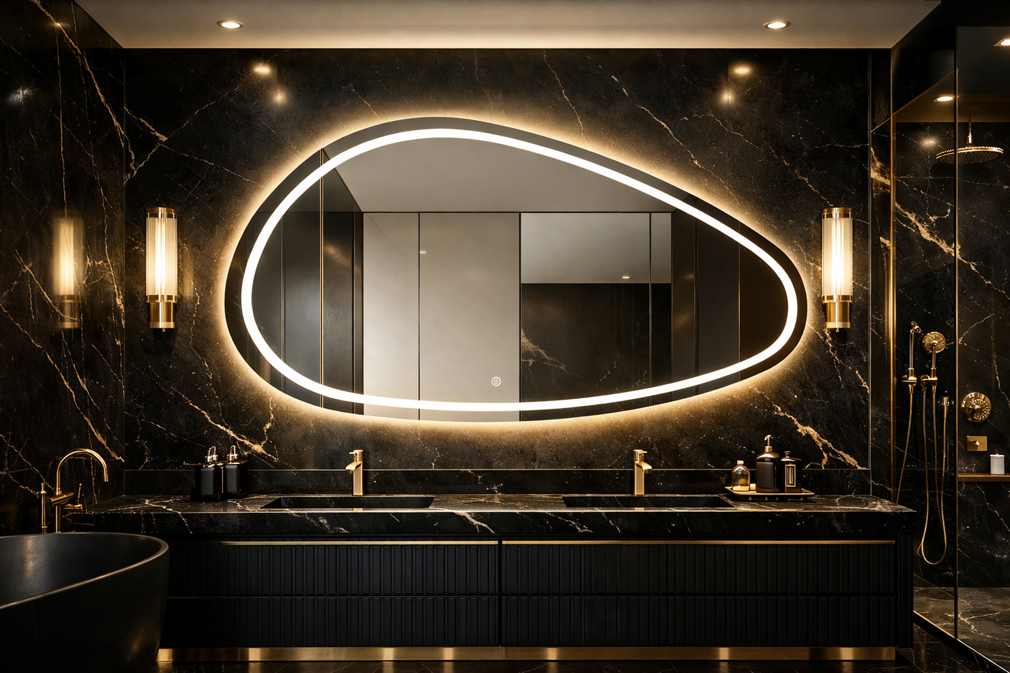 Oglinda LED Asimetrica Premium 160×85 cm, Touch, 3 Tipuri Lumina – Calda, Rece, Naturala
