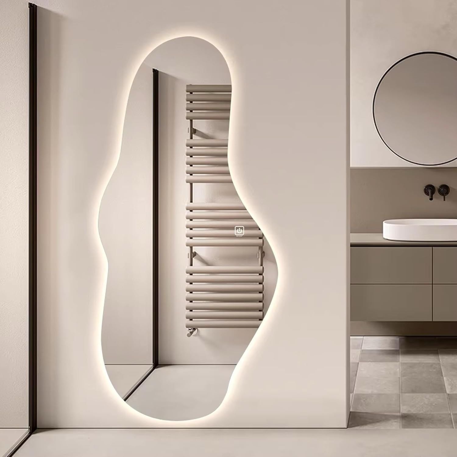 Oglinda LED Asimetrica Premium 65×100 cm, Touch, 3 Tipuri Lumina – Calda, Rece, Naturala