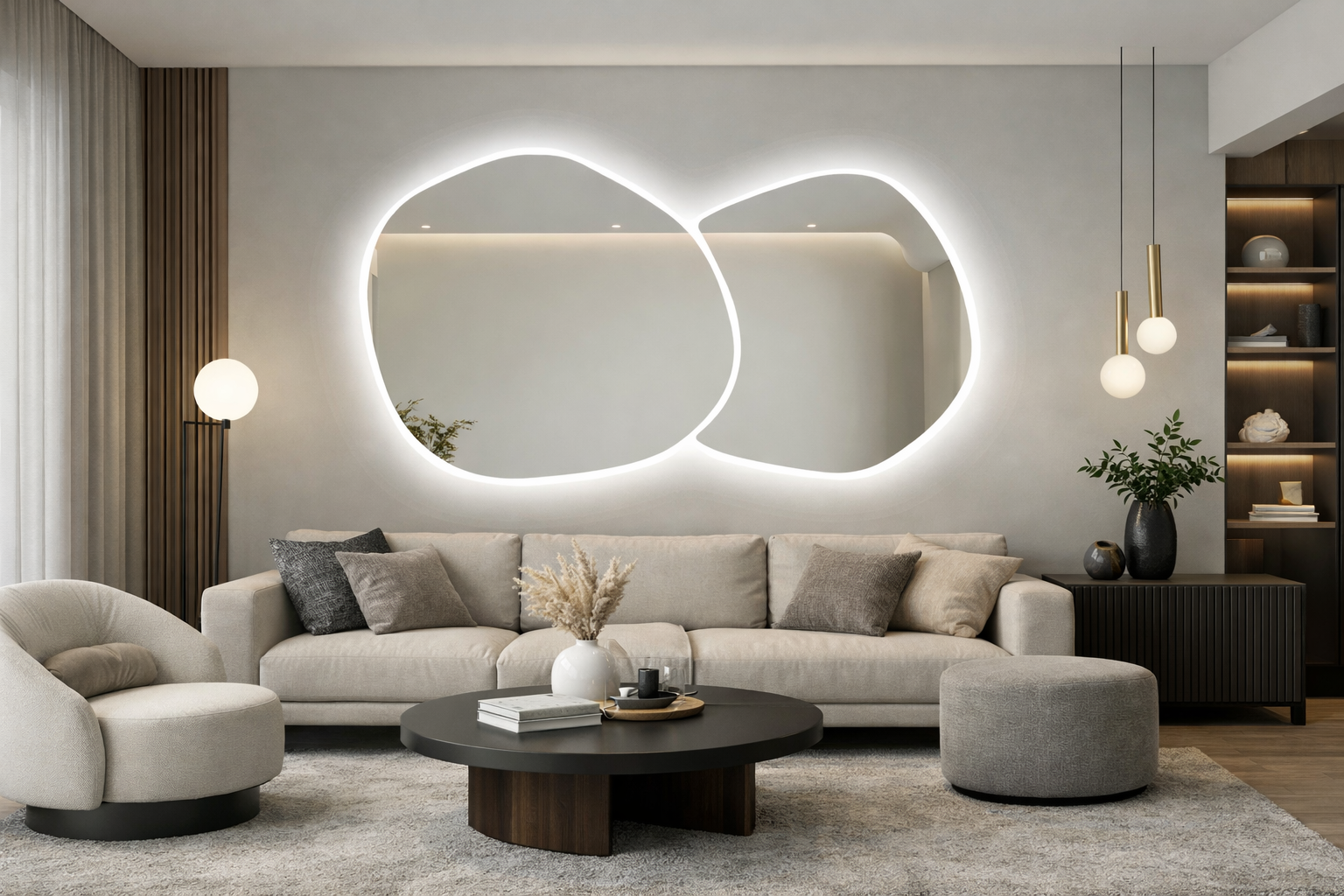 Oglinda LED Dubla, Asimetrica Premium 140×80 cm, Touch, 3 Tipuri Lumina – Calda, Rece, Naturala
