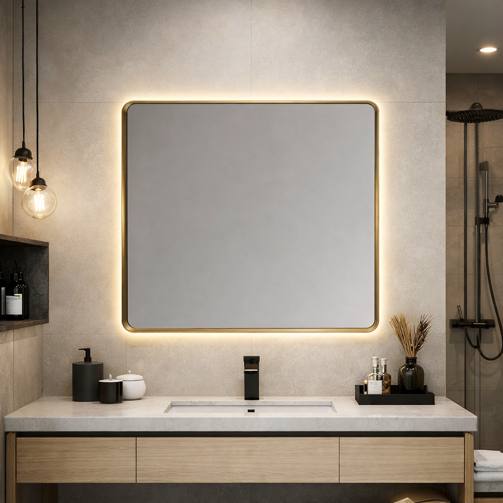 Oglinda LED Patrata Premium 80×80 cm, Rama Auriu, 3 Tipuri de Lumina – Calda, Rece, Neutra
