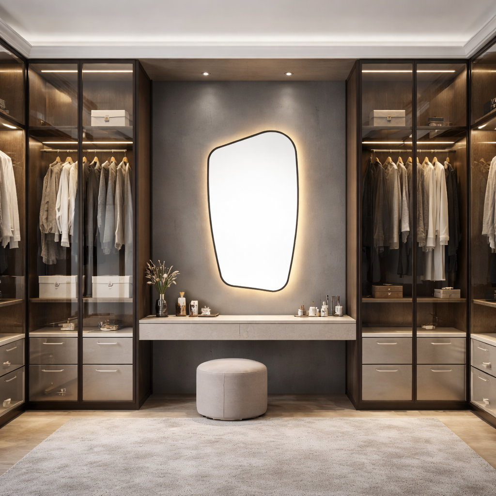 Oglinda LED pentru Dressing, Hol, Baie, Asimetrica Premium 70×110 cm, cu Rama Neagra, Touch, 3 Tipuri Lumina – Calda, Rece, Naturala