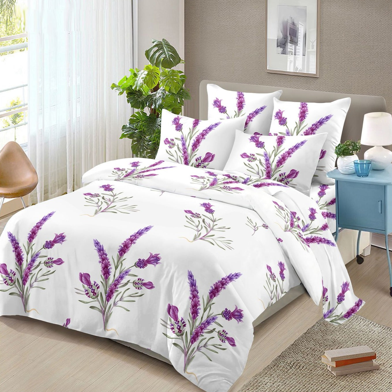 Lenjerie pat dublu, 4 piese, microfibra, Pucioasa, alb, lavanda mov