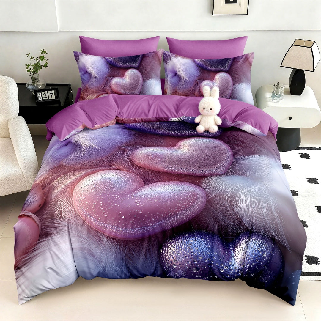Lenjerie Finet 5D, pat dublu cu Elastic, 6 piese, Pucioasa, Mov, inimioare pufoase