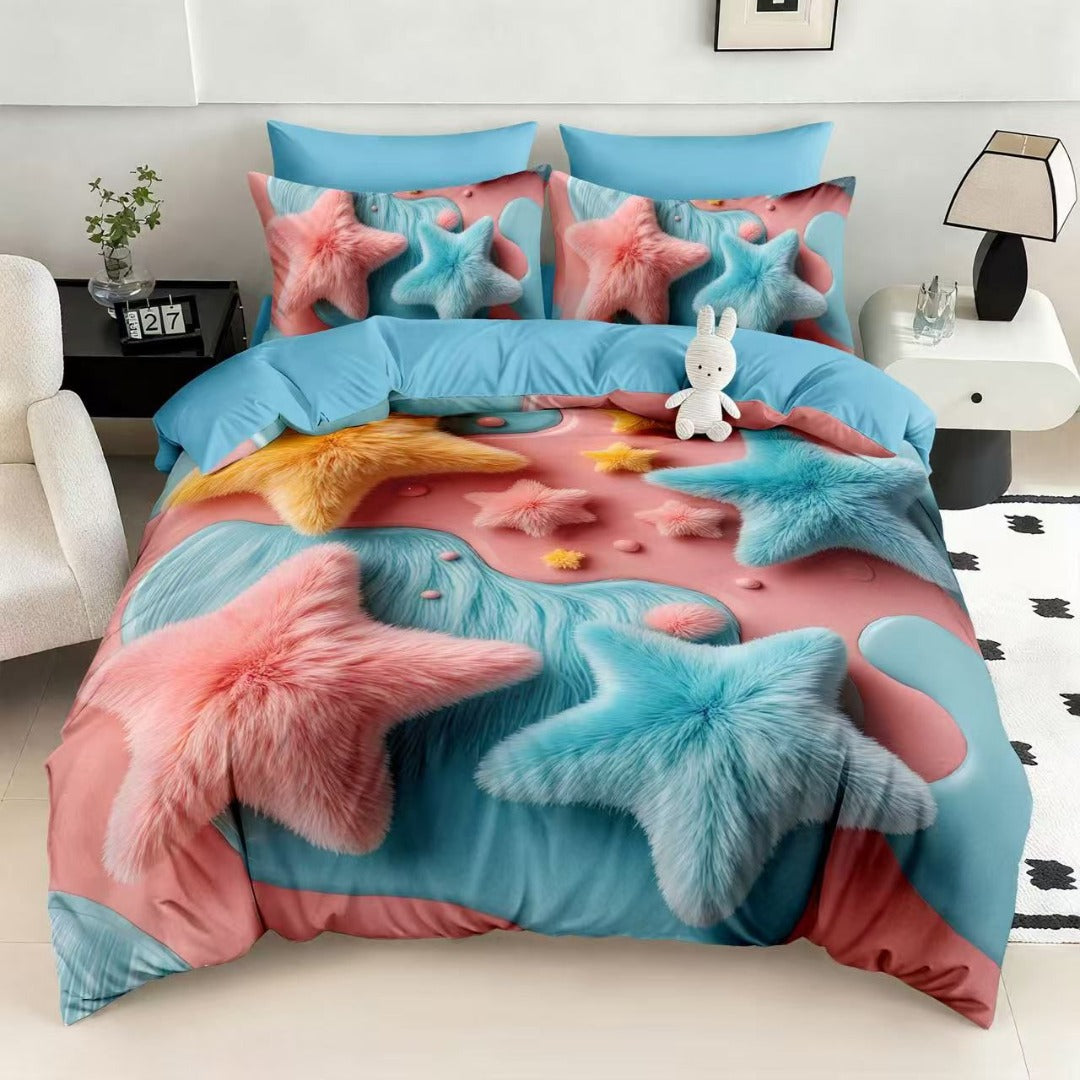 Lenjerie Finet 5D, pat dublu cu Elastic, 6 piese, Pucioasa, Roz, Bleu stelute pufoase