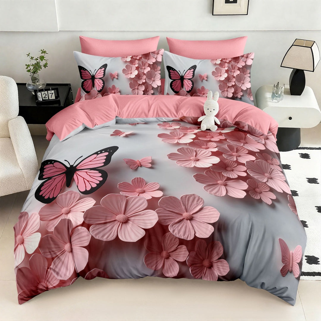 Lenjerie Finet 5D, pat dublu cu Elastic, 6 piese, Pucioasa, Gri, Roz, fluturi si floricele