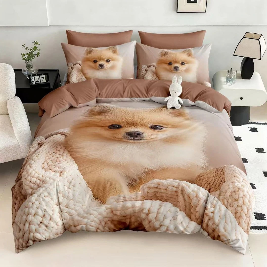 Lenjerie Finet 5D, pat dublu cu Elastic, 6 piese, Pucioasa, Crem, pomeranian