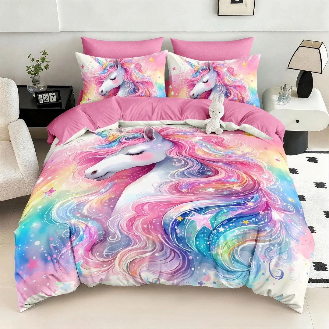 Lenjerie Finet 5D, pat dublu cu Elastic, 6 piese, Pucioasa, Roz, unicorn
