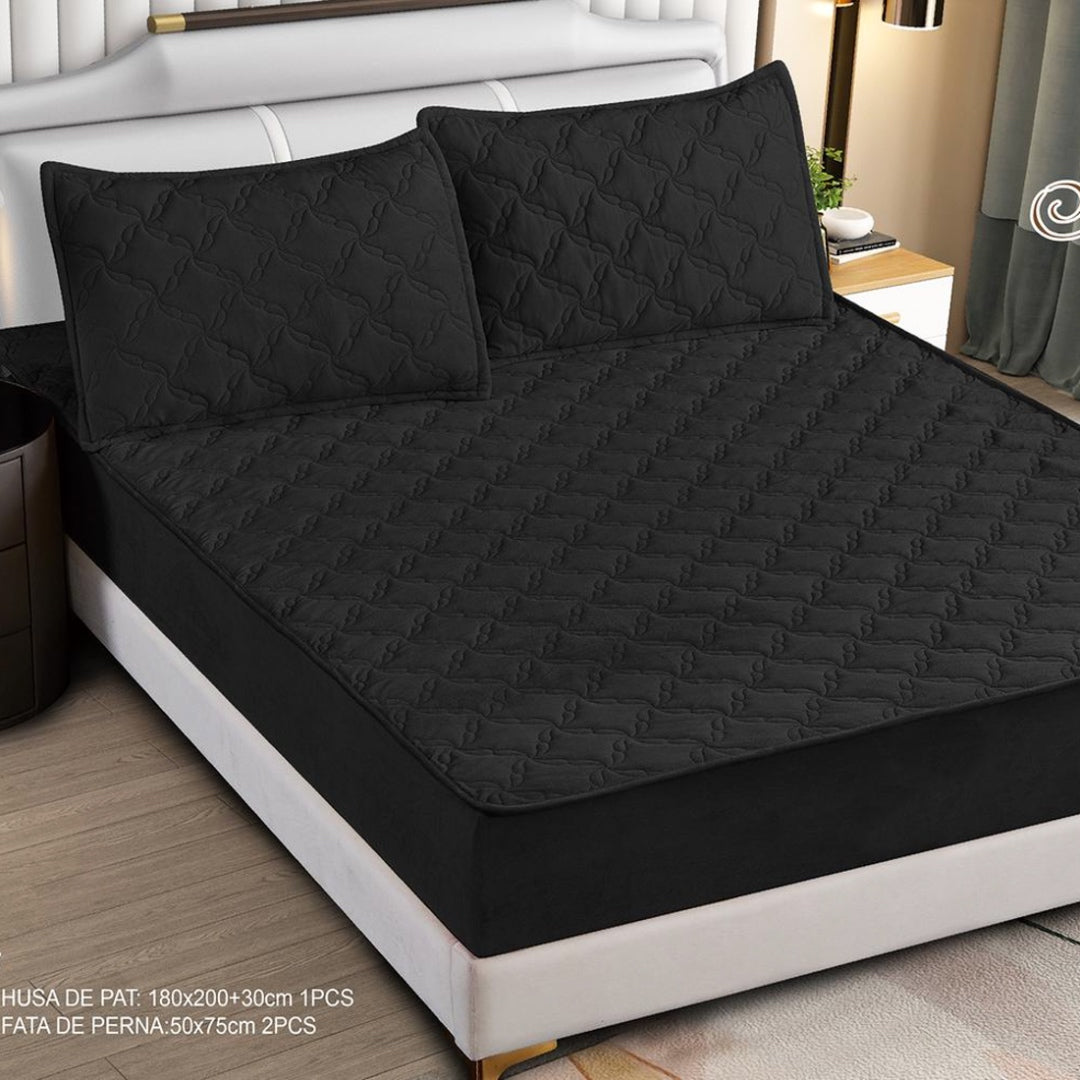 Husa Saltea cu Elastic 180x200cm tip Topper si 2 fete de perna, Negru