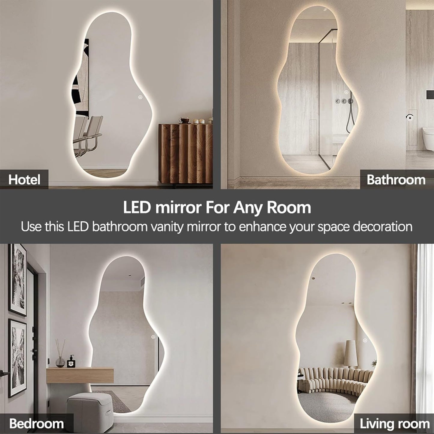 Oglinda LED Asimetrica Premium 65×100 cm, Touch, 3 Tipuri Lumina – Calda, Rece, Naturala