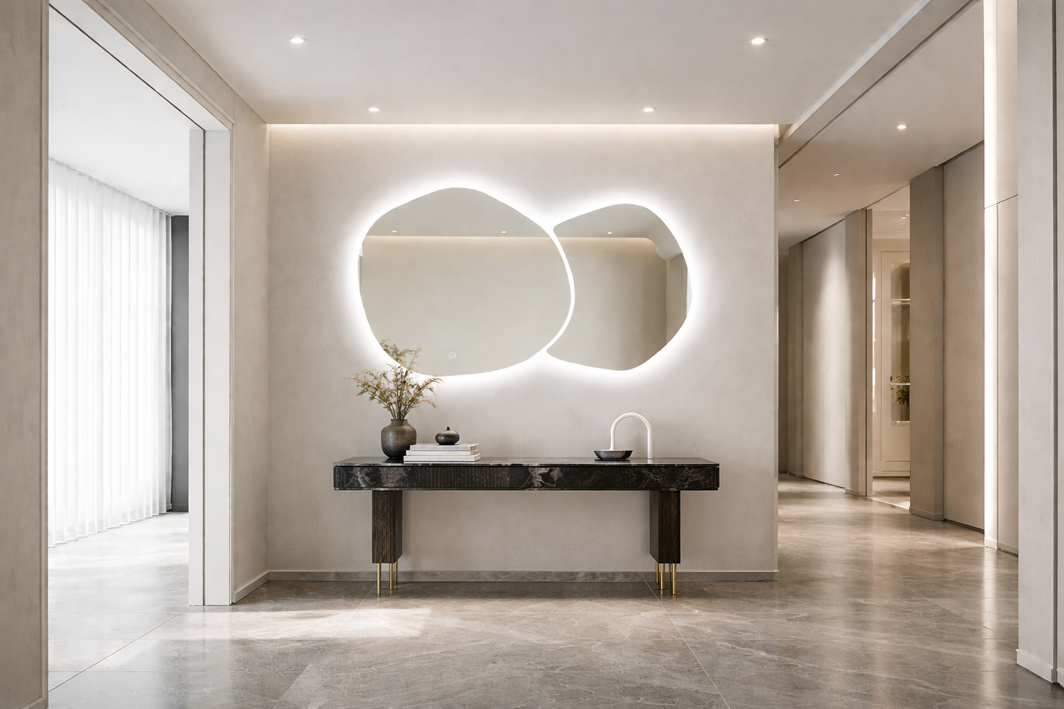 Oglinda LED Dubla, Asimetrica Premium 140×80 cm, Touch, 3 Tipuri Lumina – Calda, Rece, Naturala