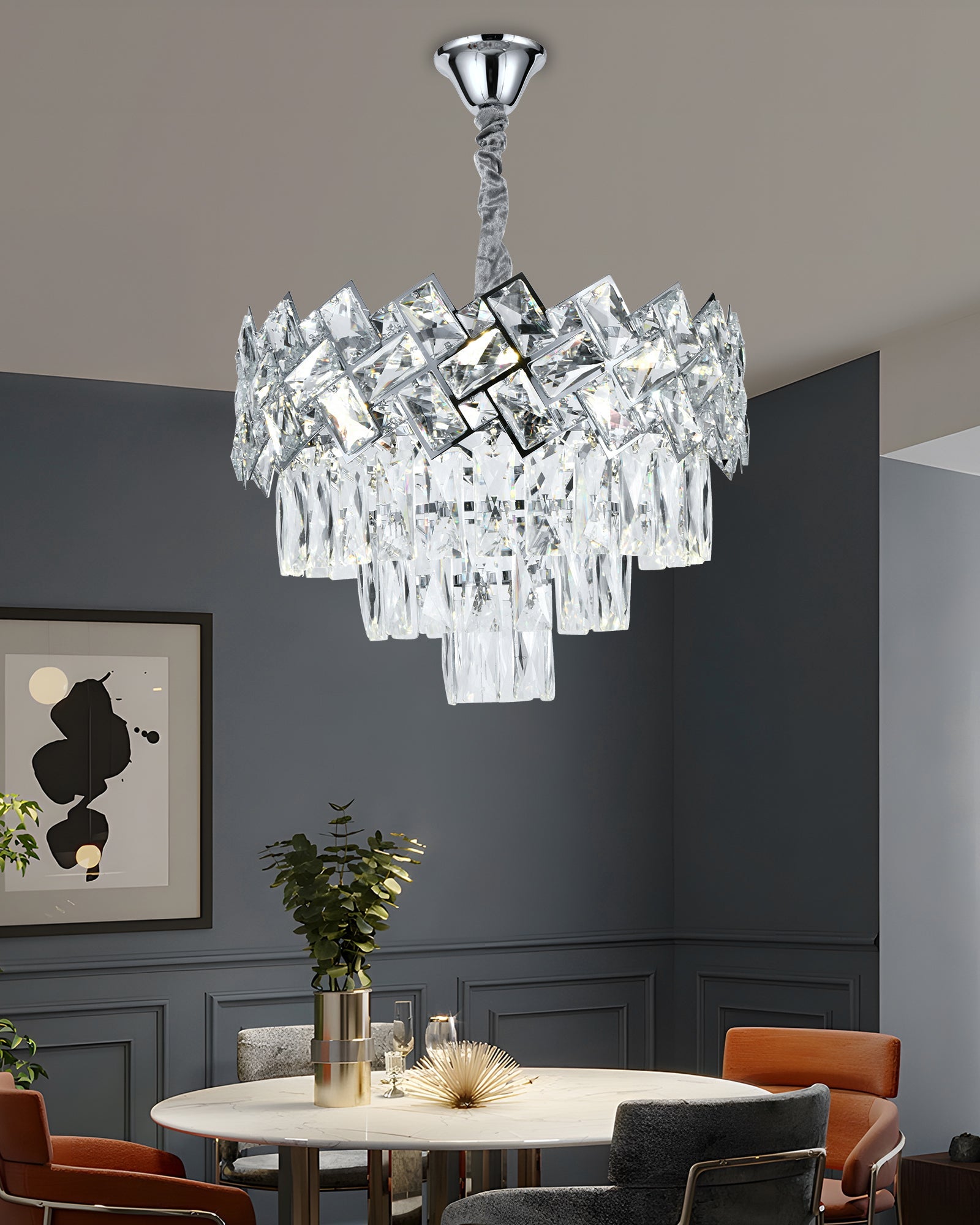 Candelabru RFAN, Model 62111/400, Textura Cristal, Metal, 5 X E27, Argintiu