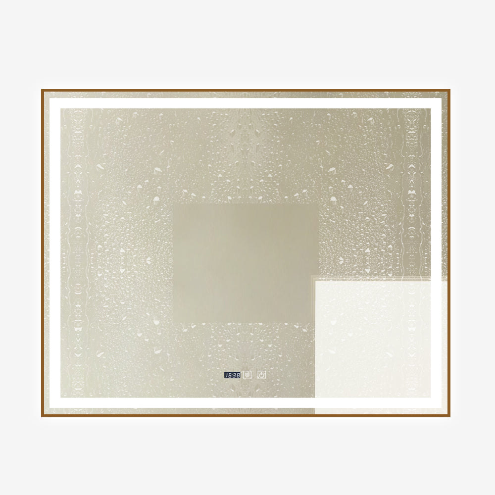 Oglinda LED Si Touch, Cu Functie Dezaburire Si Ceas, Rama Aurie, 100 x 80 cm, Smack