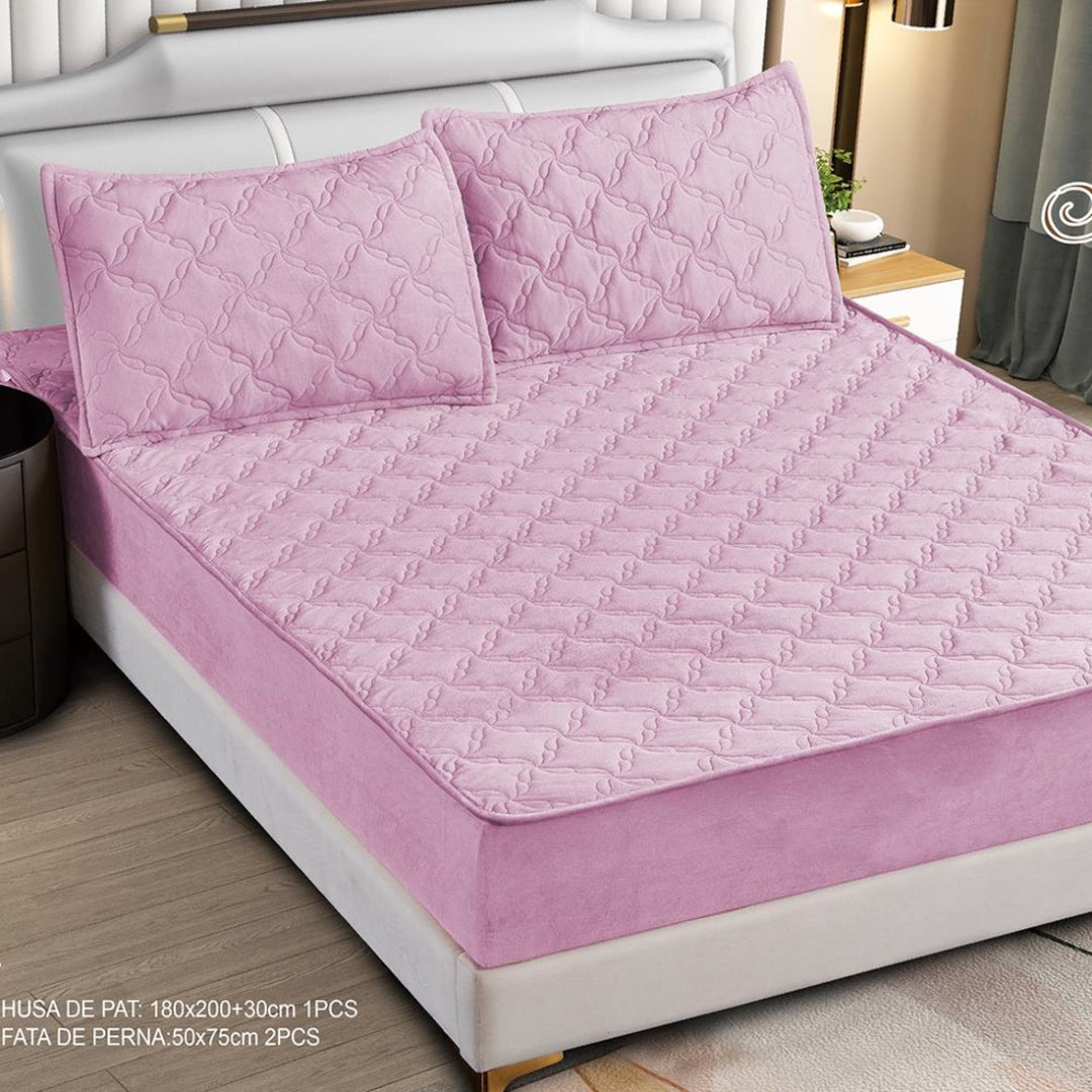 Husa Saltea cu Elastic 180x200cm tip Topper si 2 fete de perna, Roz inchis
